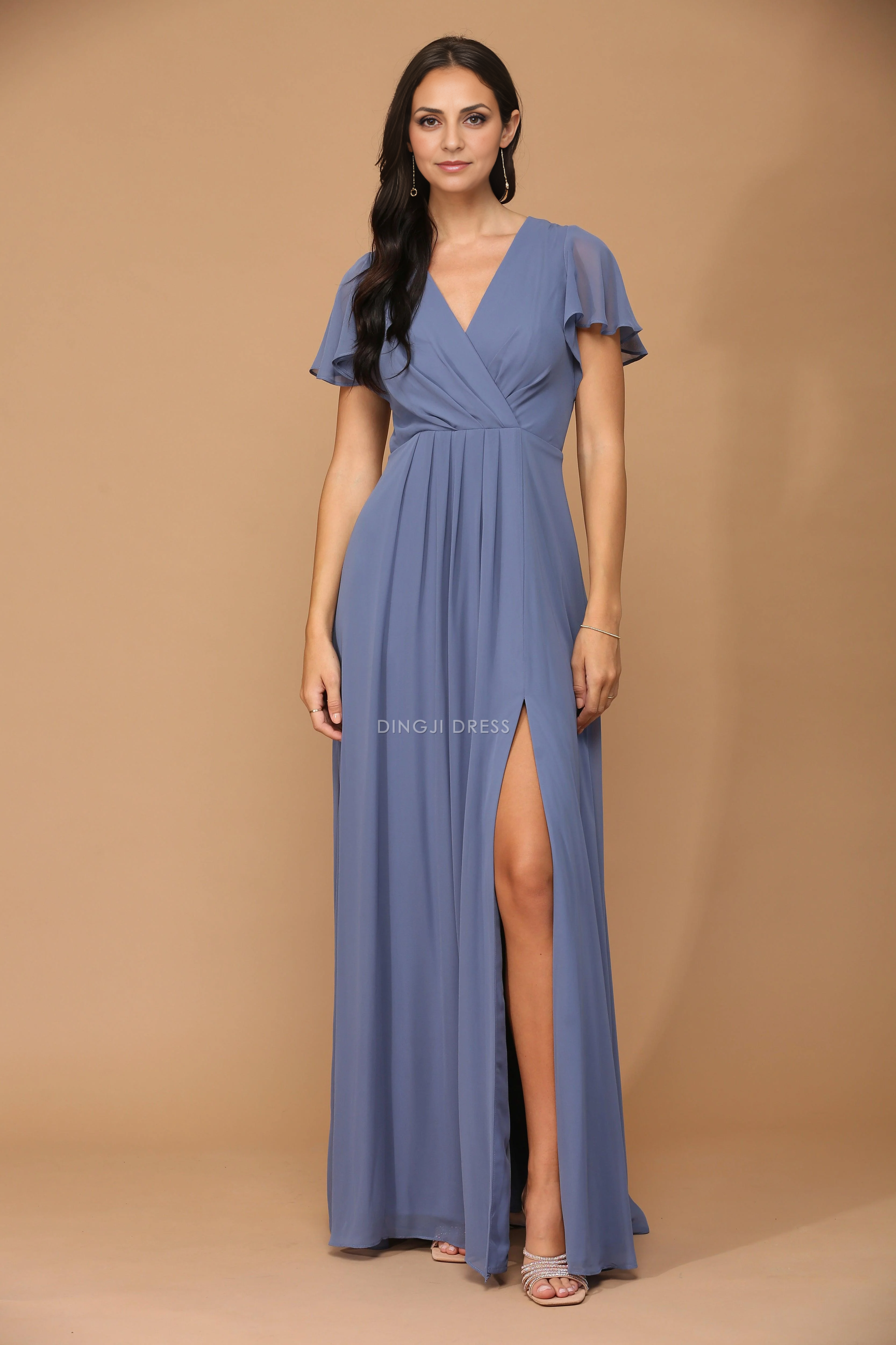 DingJiDress Evening Dress V Neck Short Sleeve Pleated Side Fork Elegant Long Mother Of The Bride Dress