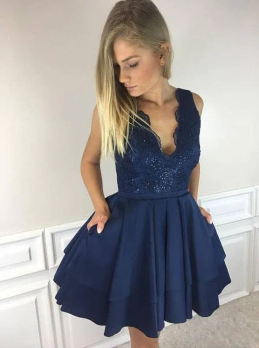 A-line V-neck satin short back to school dress with lace top mini sleeveless party dress