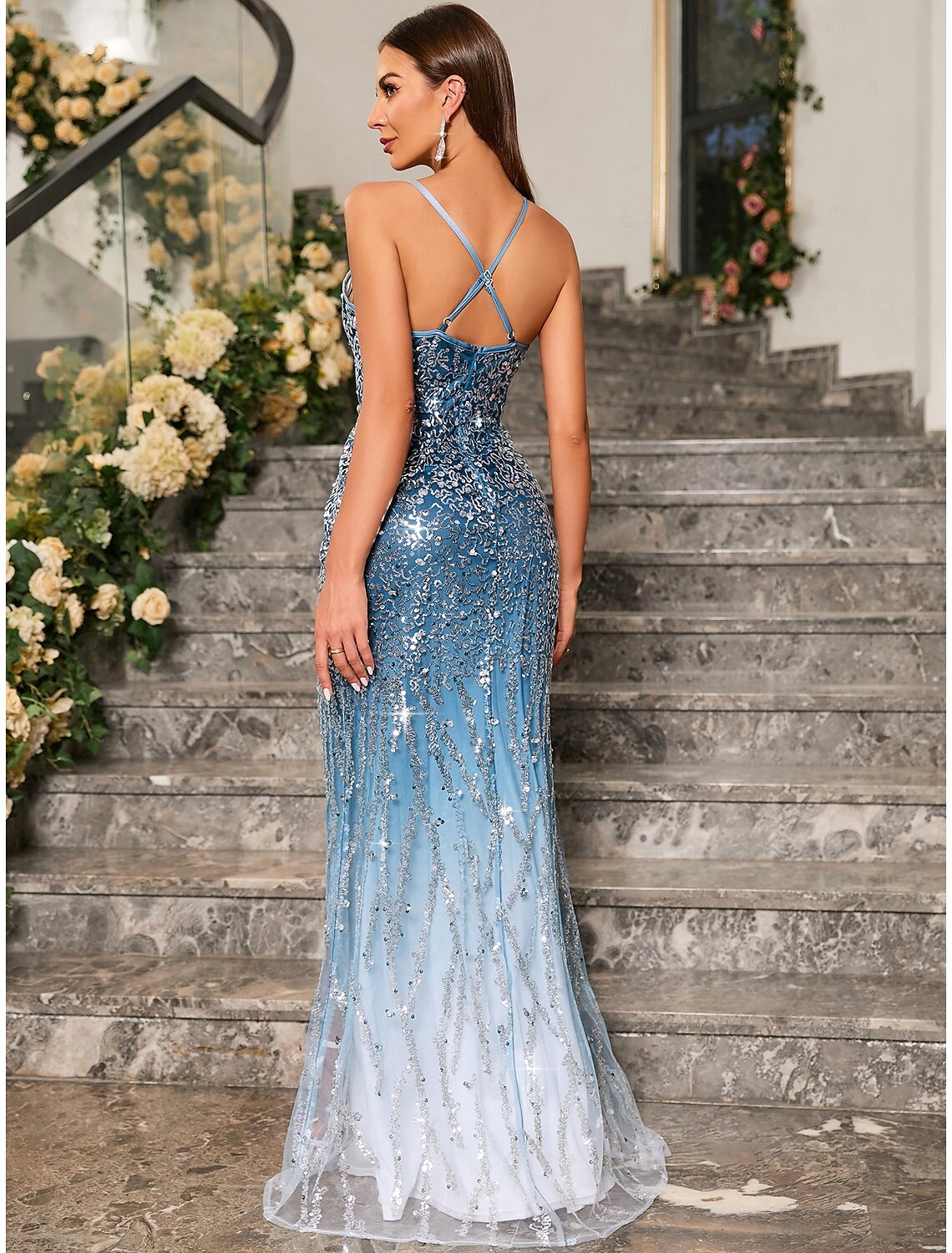 Mermaid Party Dress Evening Party Cocktail Party Ombre Sequin Dress Floor Length Plunge Neck with Slit