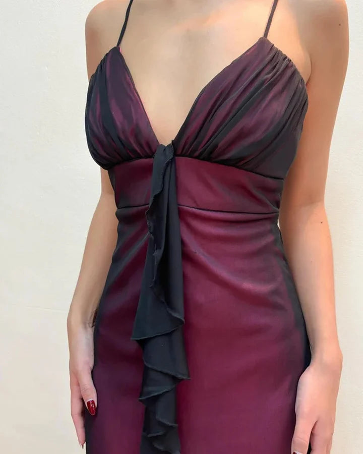 V Neck A Line Vintage Long Prom DressRuffle Evening Party Dress