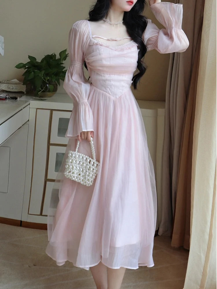Elegant Evening Party Midi Dress Women Bubble Sleeve French Vintage Sweet Dress Female Pink Korean Style Fairy Dress Autumn
