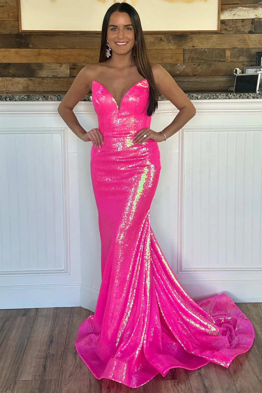 Purple red sequined mermaid long strapless ball gown