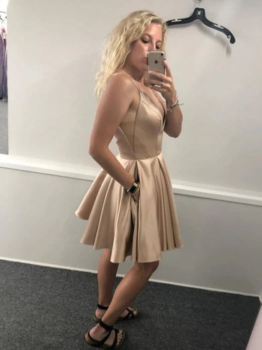 V Neck Champagne Satin Short Prom with Pocket Champagne Homecoming Short Champagne Formal Evening