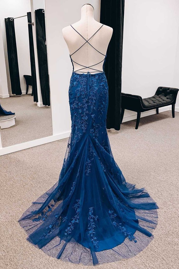 Fashionable V-neck blue mermaid long formal slit dress