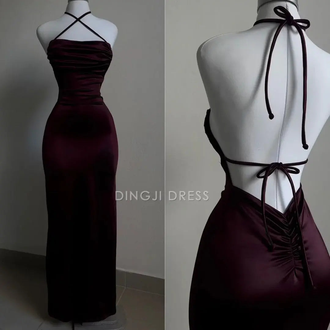 DingJiDress Mermaid Halter Pleated Backless Sheath Long Youthful Fashion Prom Dress
