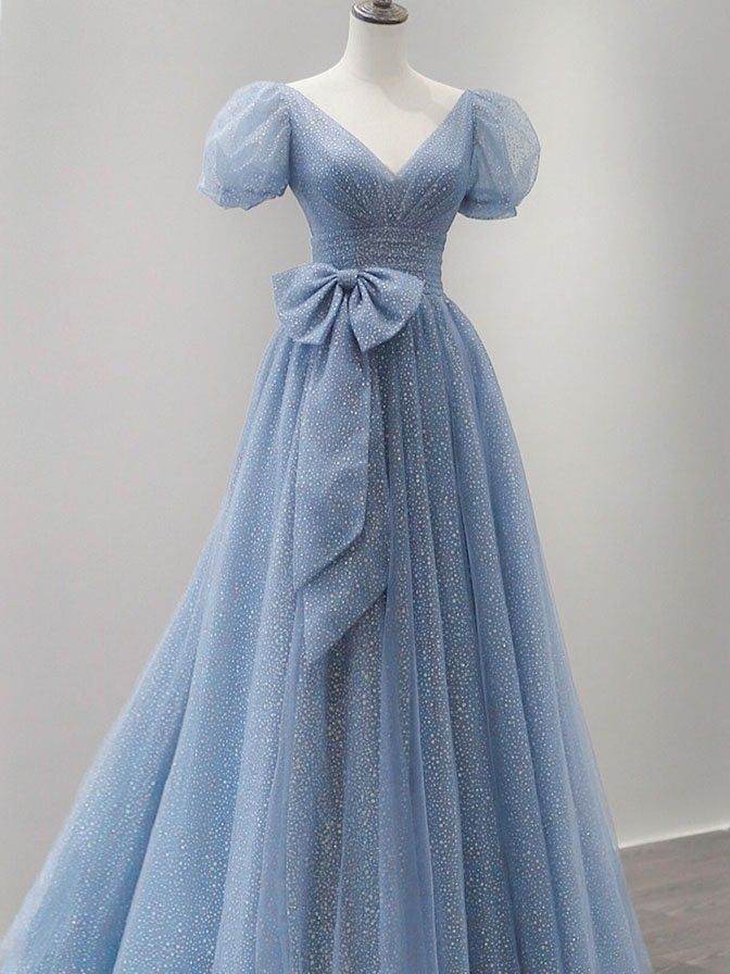 Blue chiffon V-neck long sweet ball dress
