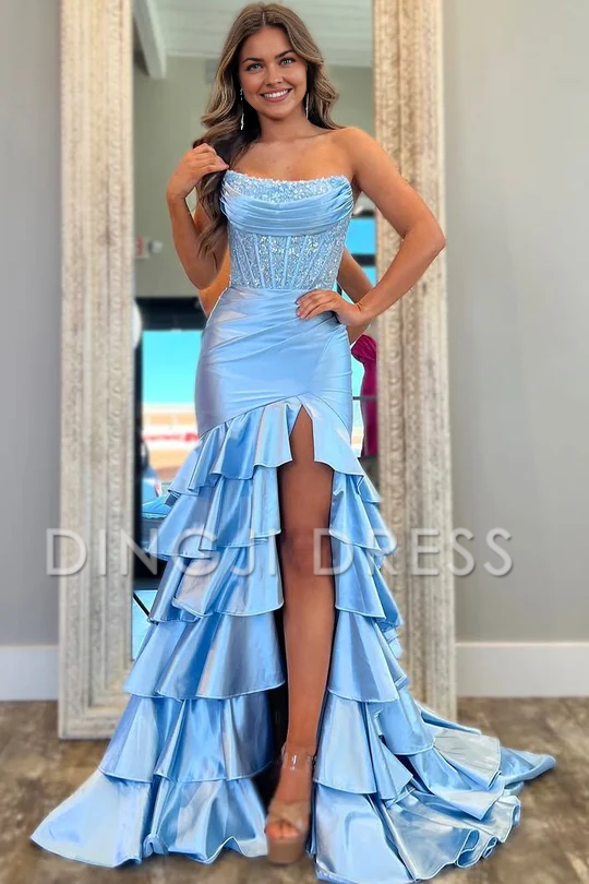 DingJiDress Strapless Scoop Layered Pleated Mermaid Side Fork Elegant Prom Dress