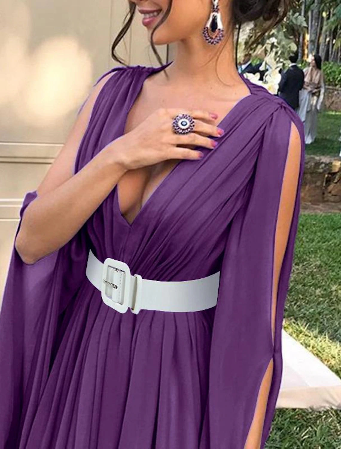 A-Line Wedding Guest Dresses Elegant Dress Wedding Party  Tie Floor Length Long Sleeve V Neck Fall Wedding Guest Chiffon with Belt