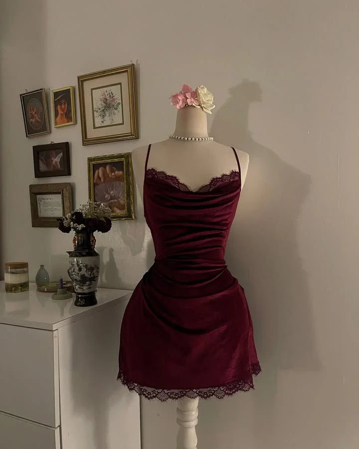 Wine red lace velvet short back to school dress party dress