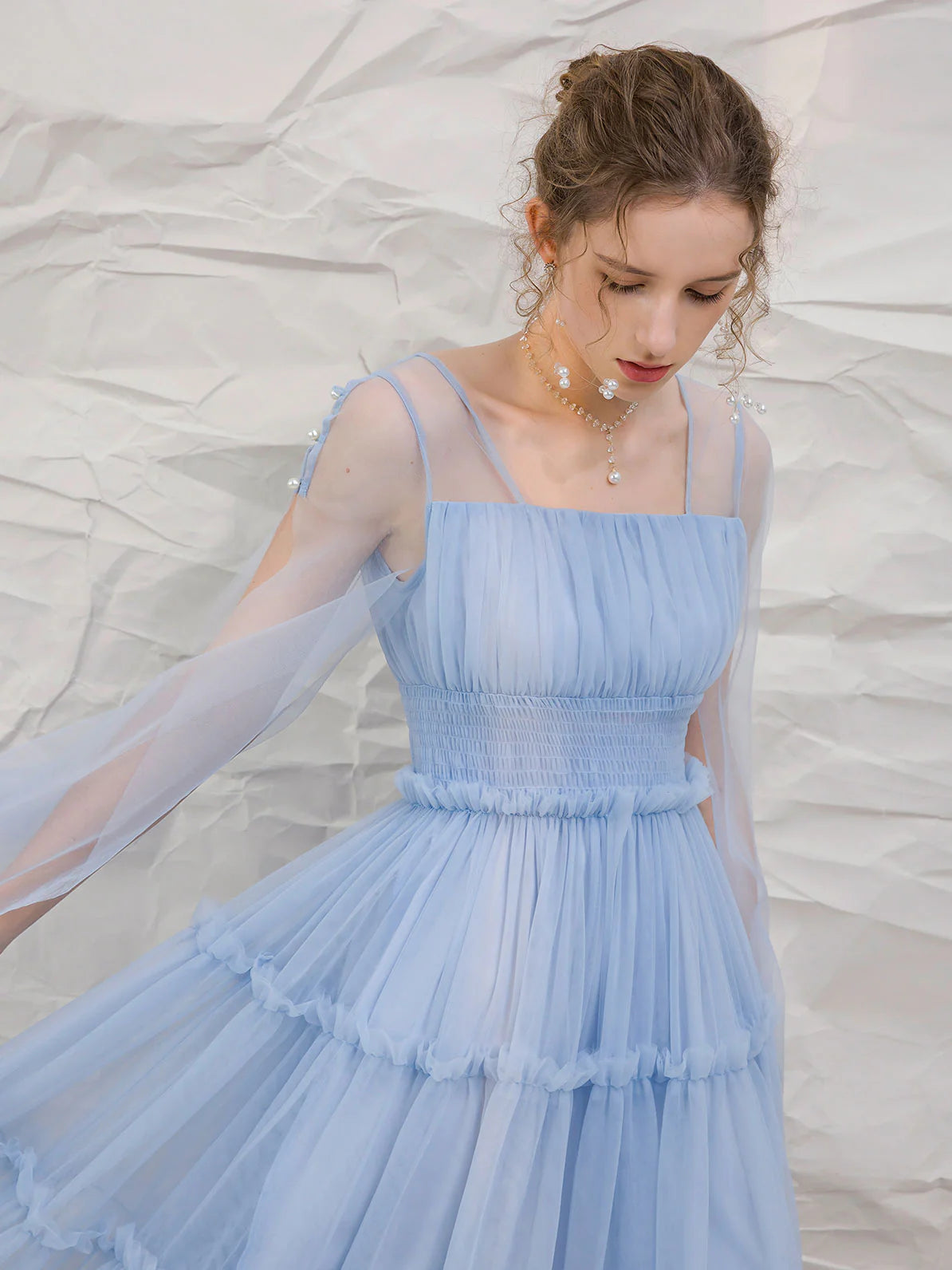 Blue tulle tea length prom dress blue tulle formal evening dress