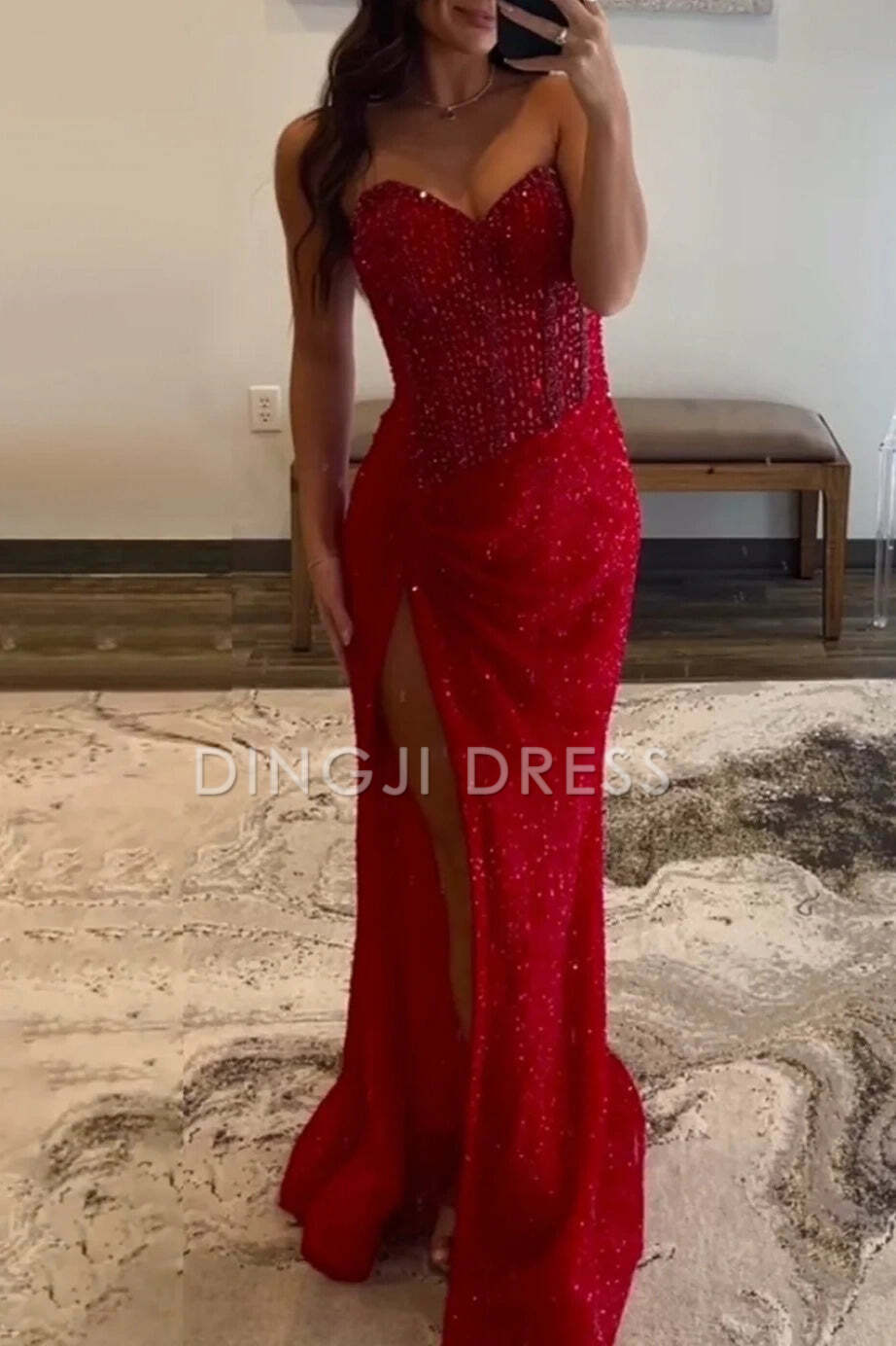 DingJiDress Sparkly Mermaid Sweetheart Side Fork Long with Beading Gorgeous Prom Dress