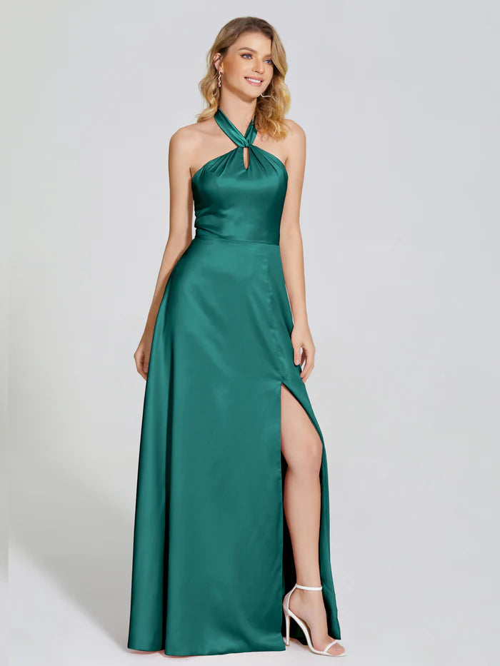 Backless Halter Soft Satin Prom Dress With Cutout