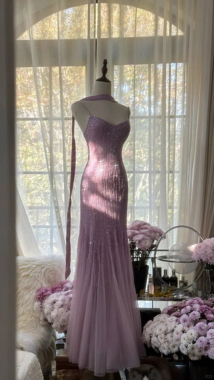Purple Elegant Mermaid Spaghetti Strap Tulle Sequin Prom Dress Evening Gown