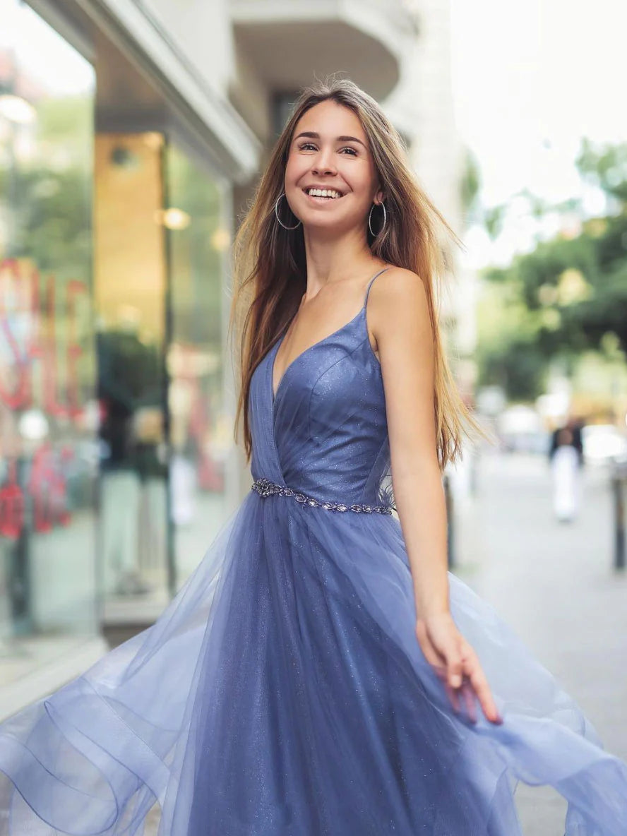 Blue v neck tulle long prom dress blue tulle evening dress