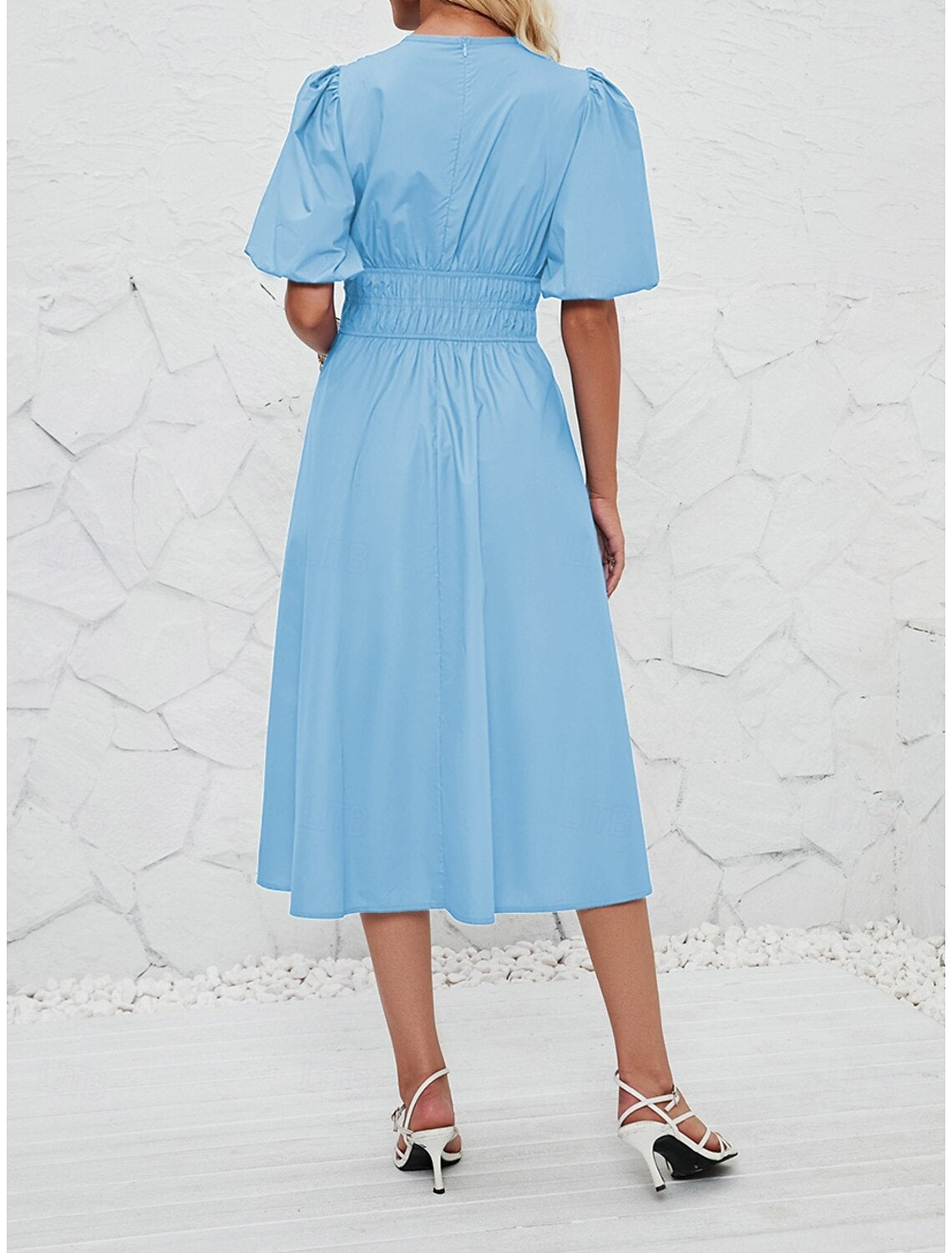 Retro Vintage 1950s Midi Dress Flare Dress Puff Sleeve Solid Color A-Line V Neck Women's Masquerade Wedding Vacation Tea Party Adults' Dress