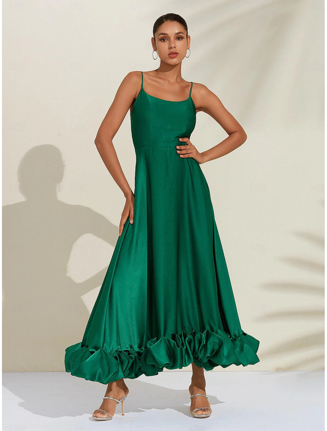 Women's Green Luxe Satin Special Occasion Dress 3D Ruffle Cami Maxi Party/Wedding Guest Dress dress to impress