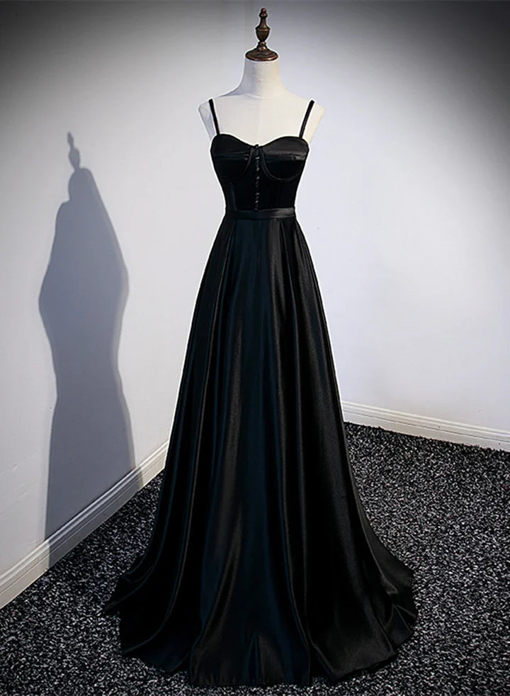 Black Satin Long Party DressBlack Simple Junior Prom Dress