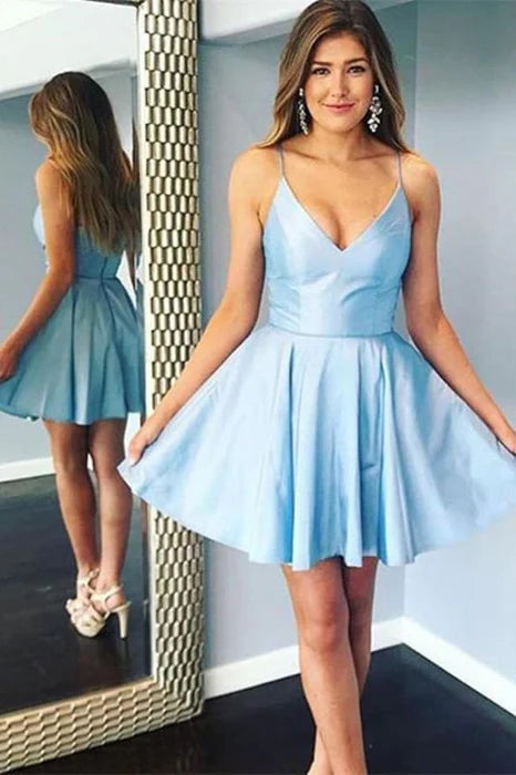 Spaghetti Straps V Neck Short Light Blue Prom Homecoming Light Blue Formal Graduation Evening