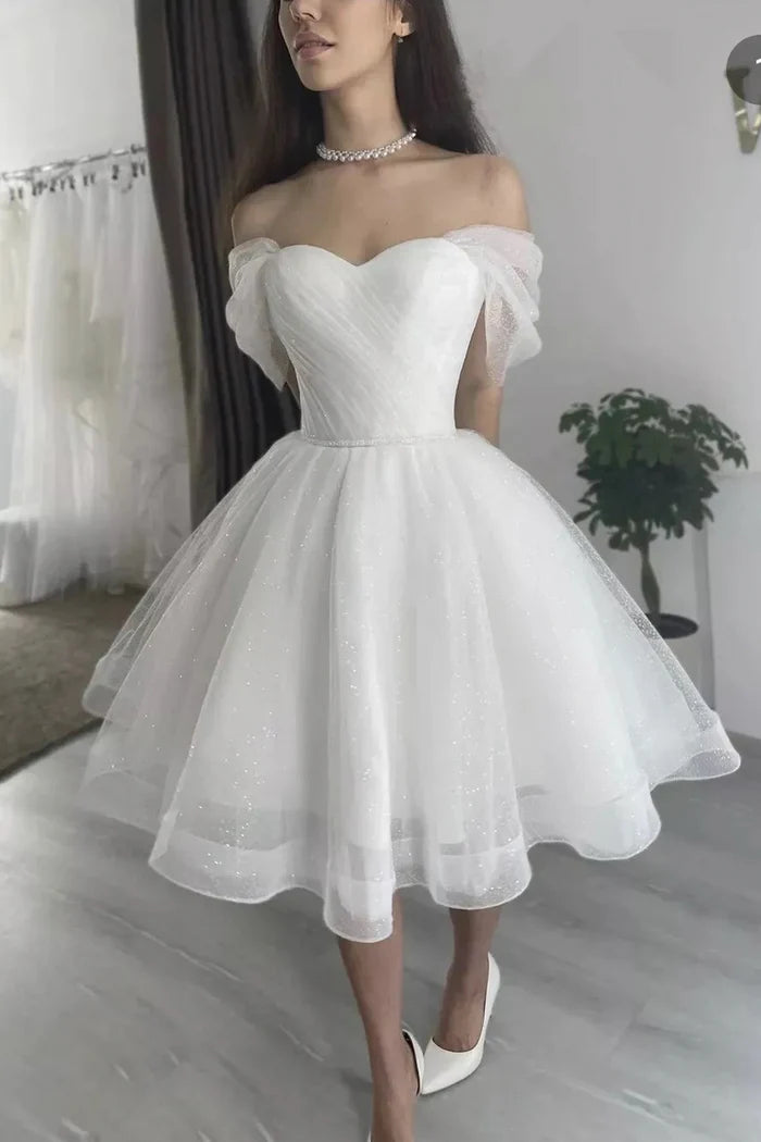 White Tulle Short A-Line Prom Dress Lovely Off the Shoulder Party Dress