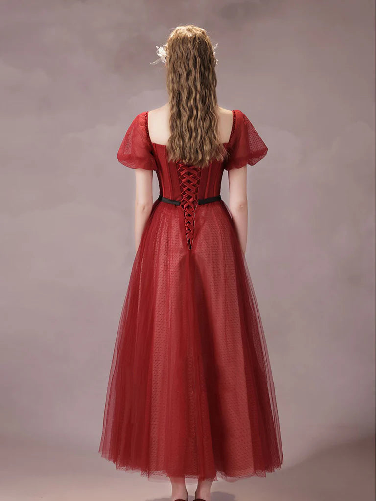 A-Line Burgundy Tulle Tea Length Prom Dress Burgundy Formal Dress