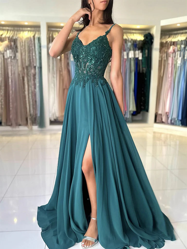 A-Line V Neck Chiffon Lace Green Long Prom Dress Green Long Graduation Dress