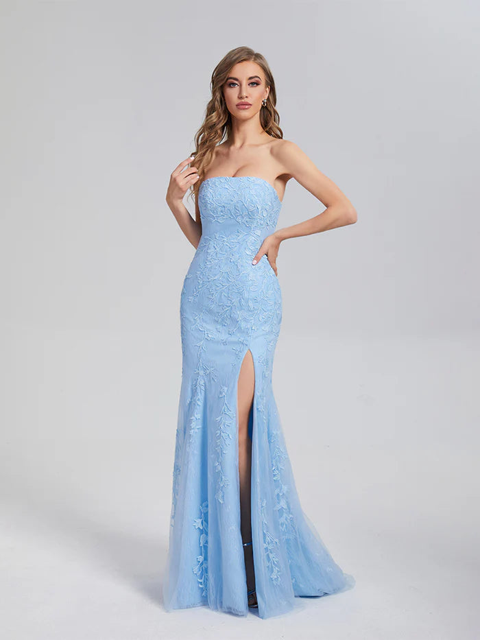 Romantic Mermaid Strapless Sleeveless Back Zip Floor-Length Appliques Lace Prom Dresses with Slit