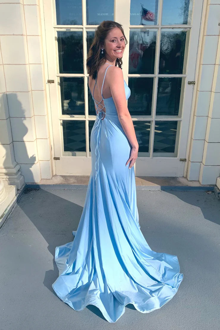 Mermaid V Neck Blue Stretch Satin Long Prom Dress