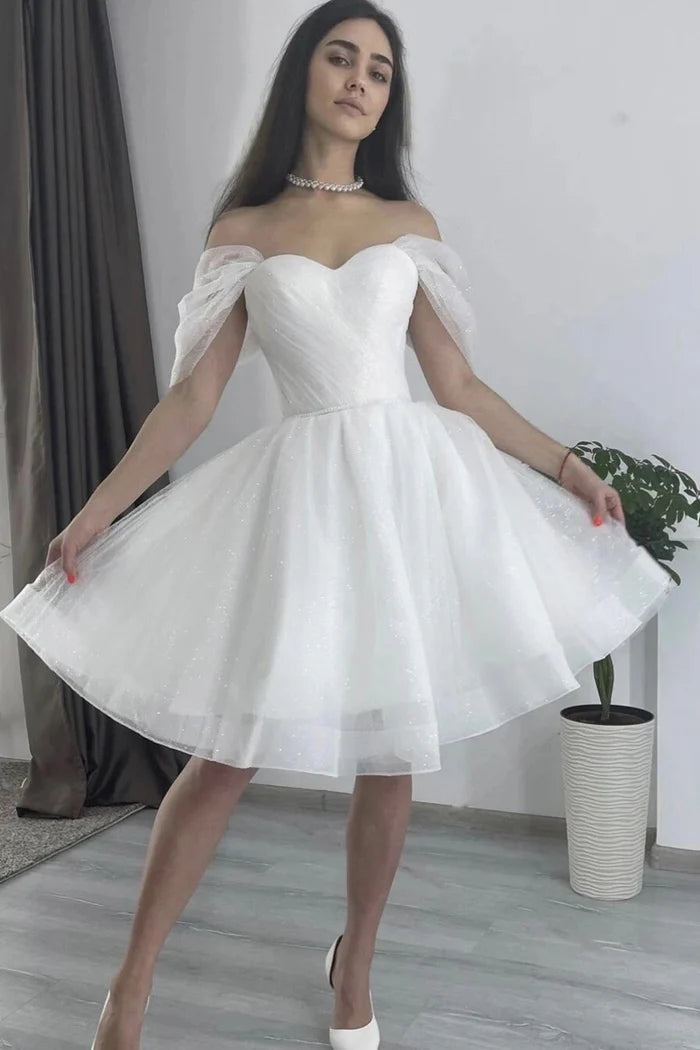 White Tulle Short A-Line Prom Dress Lovely Off the Shoulder Party Dress