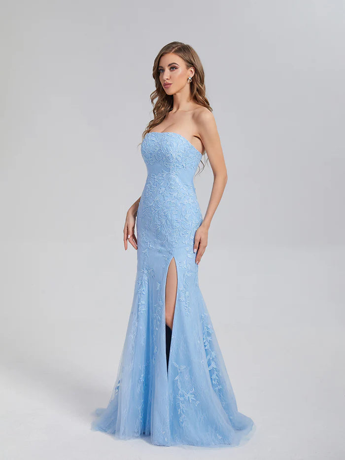 Romantic Mermaid Strapless Sleeveless Back Zip Floor-Length Appliques Lace Prom Dresses with Slit