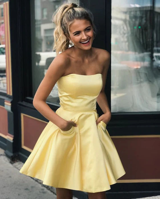 Yellow Satin Strapless Short Prom with Homecoming Graduation Simple Evening