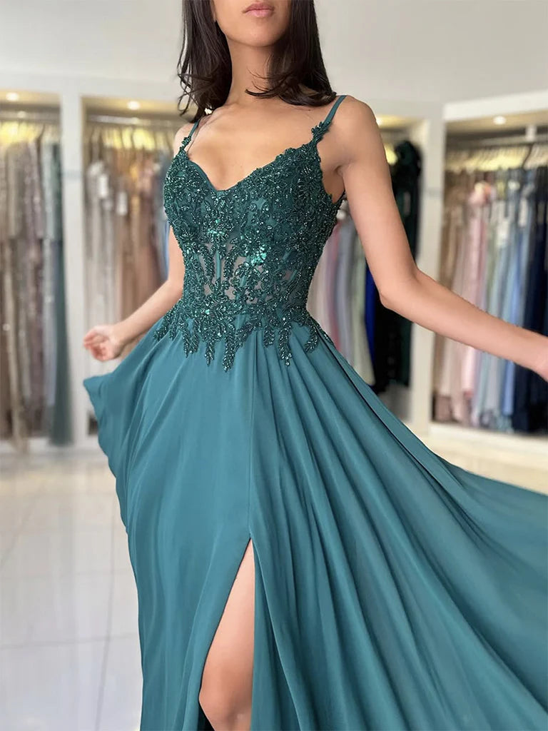 A-Line V Neck Chiffon Lace Green Long Prom Dress Green Long Graduation Dress