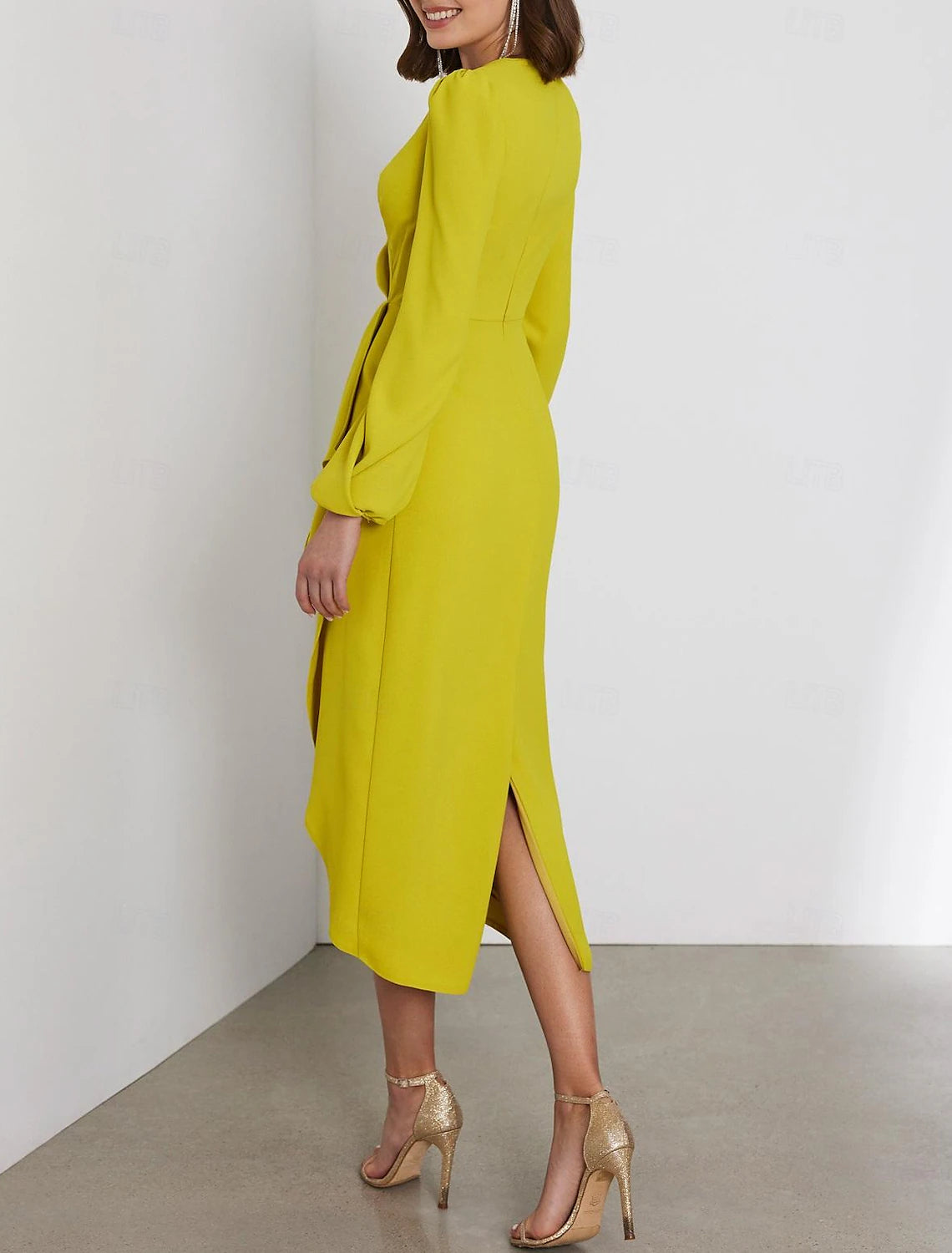 Sheath Wedding Guest Dresses Elegant Dress Formal Cocktail Party Tea Length Long Sleeve V Neck Stretch Chiffon with Ruched