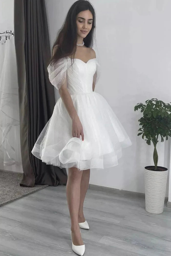 White Tulle Short A-Line Prom Dress Lovely Off the Shoulder Party Dress
