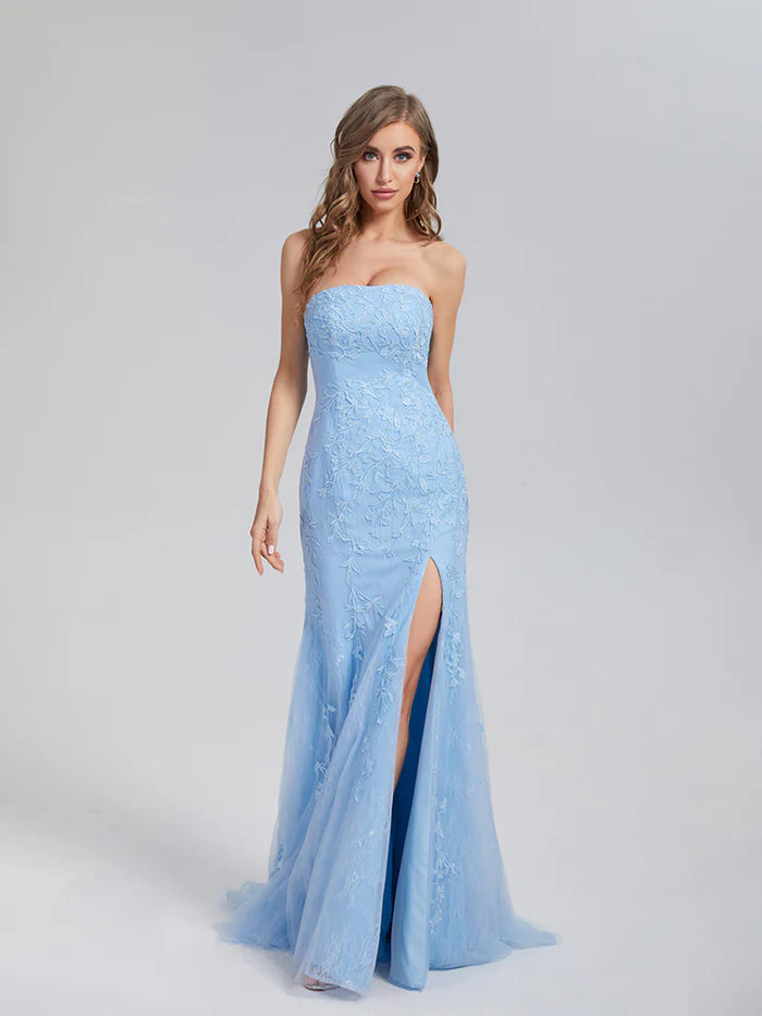 Romantic Mermaid Strapless Sleeveless Back Zip Floor-Length Appliques Lace Prom Dresses with Slit