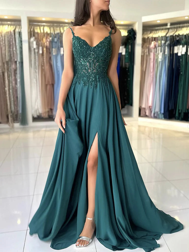 A-Line V Neck Chiffon Lace Green Long Prom Dress Green Long Graduation Dress