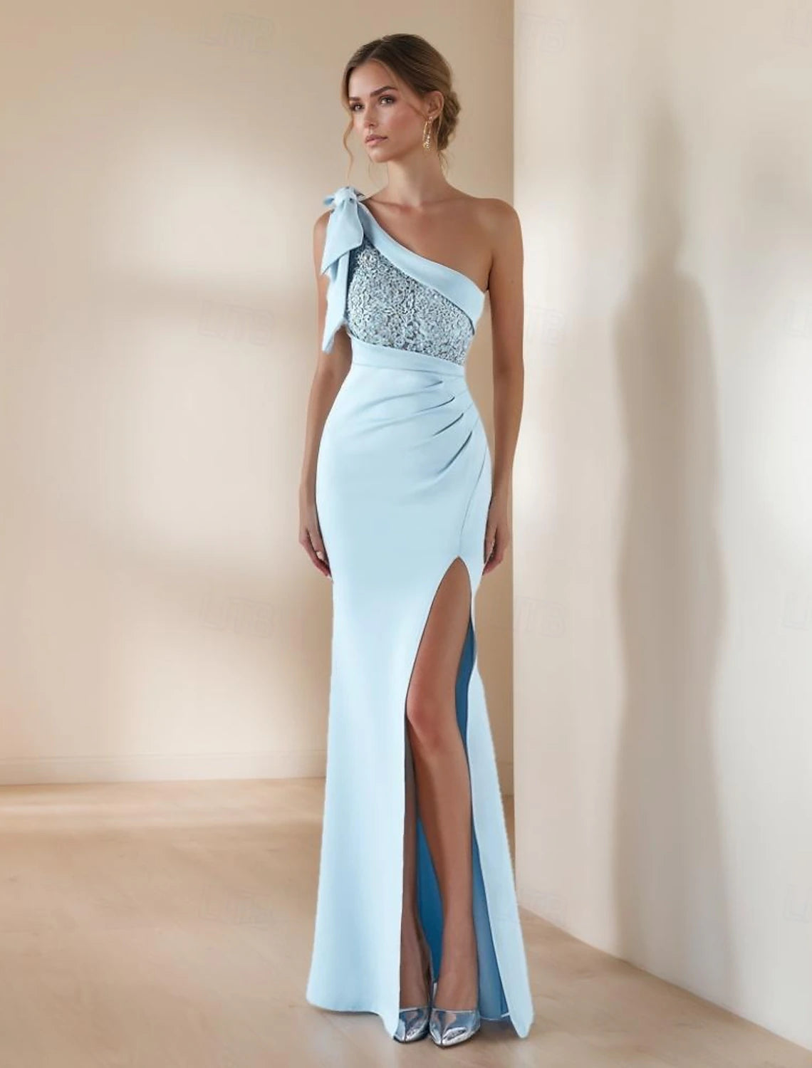 Mermaid Trumpet Evening Gown Elegant Dress Formal Evening Party Floor Length Sleeveless One Shoulder Lace with Bow(s) Beading Slit