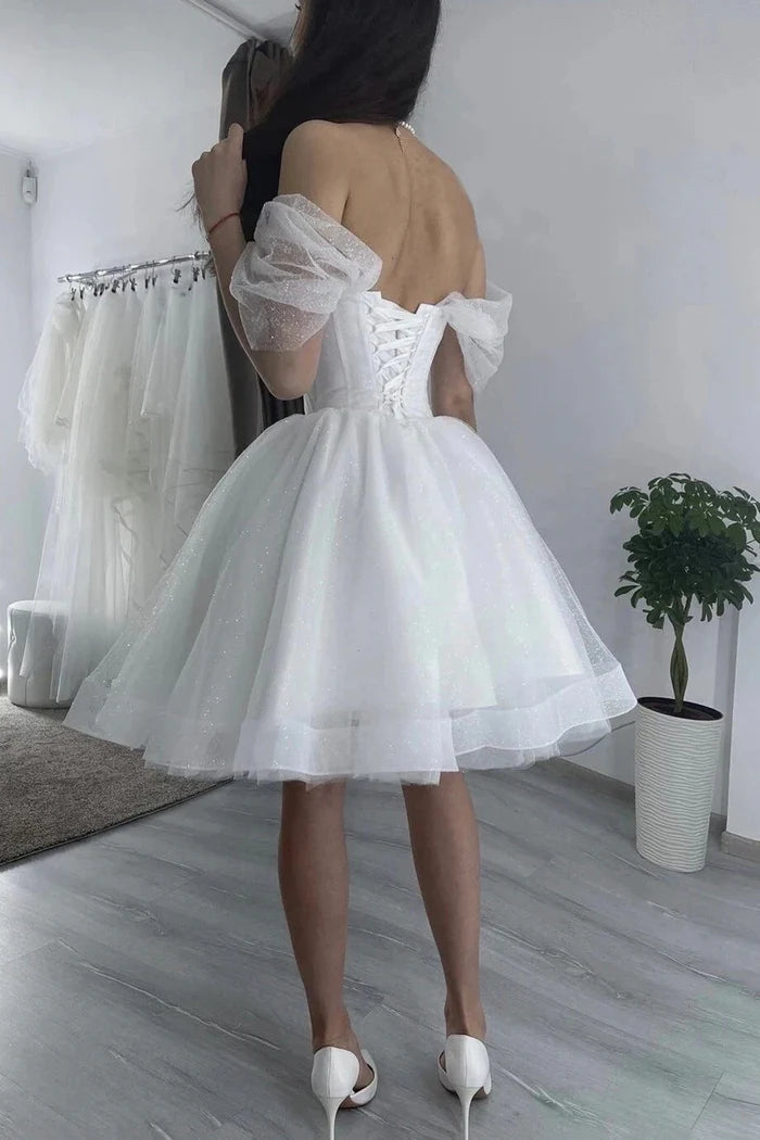 White Tulle Short A-Line Prom Dress Lovely Off the Shoulder Party Dress