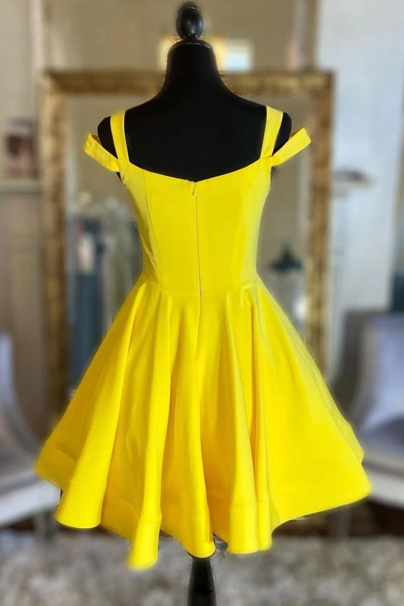 Simple yellow satin short prom dress yellow cocktail dress