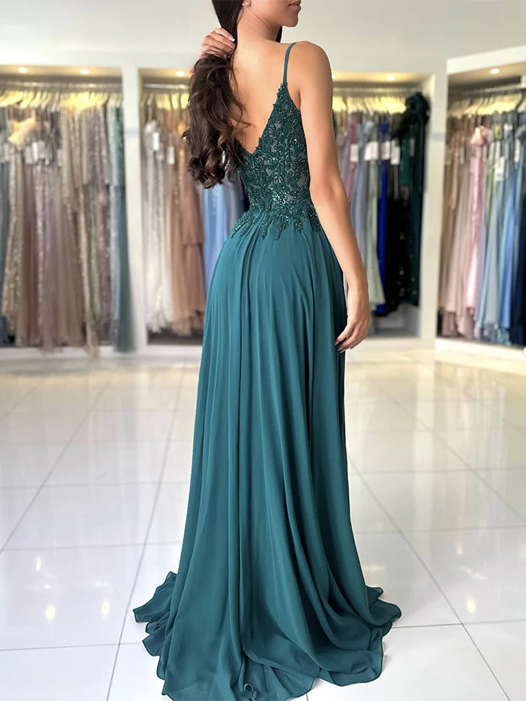 A-Line V Neck Chiffon Lace Green Long Prom Dress Green Long Graduation Dress