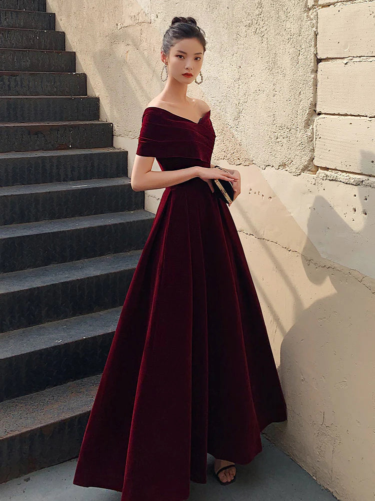 A-Line Burgundy off Shoulder Tea Length Prom Dress  Burgundy Formal Dress