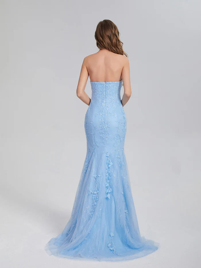 Romantic Mermaid Strapless Sleeveless Back Zip Floor-Length Appliques Lace Prom Dresses with Slit