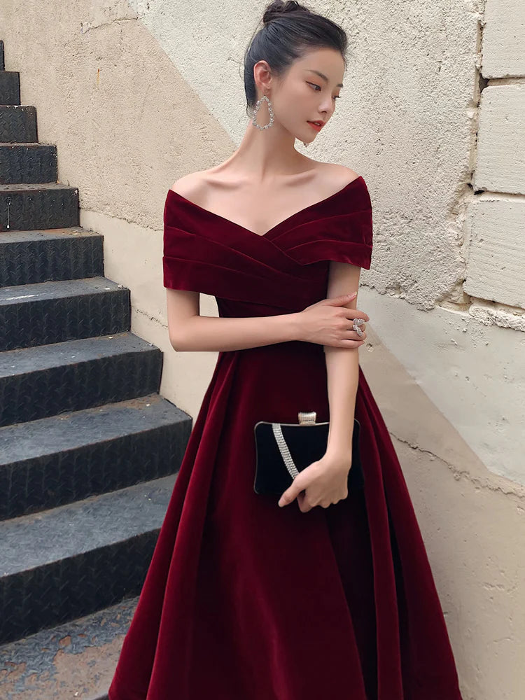 A-Line Burgundy off Shoulder Tea Length Prom Dress  Burgundy Formal Dress