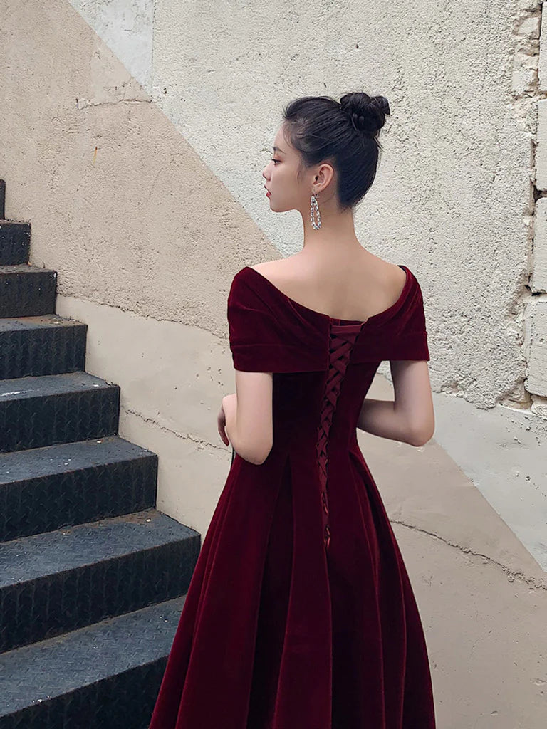 A-Line Burgundy off Shoulder Tea Length Prom Dress  Burgundy Formal Dress