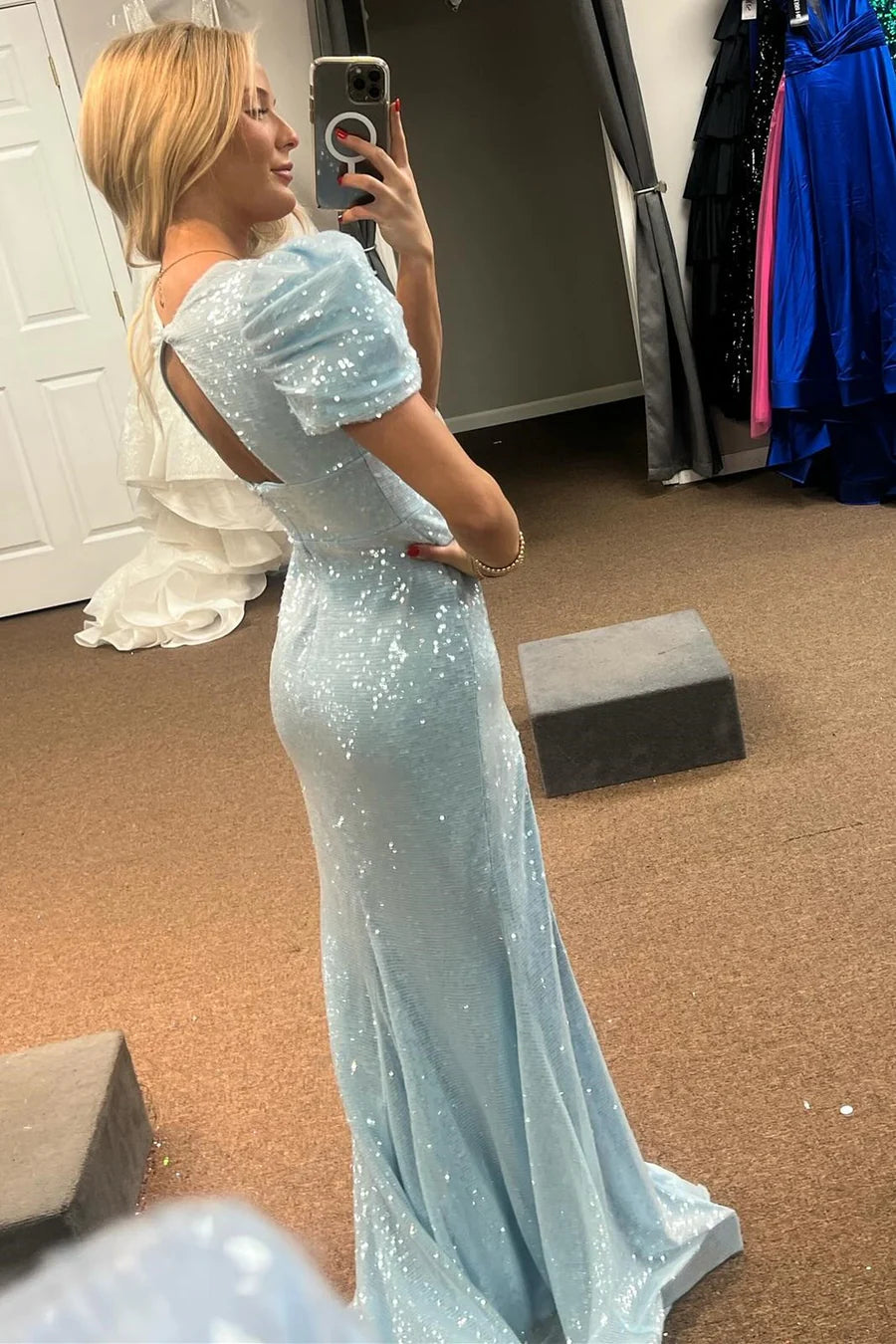 Light blue glitter bubble sleeves V-neck mermaid long dress with slit