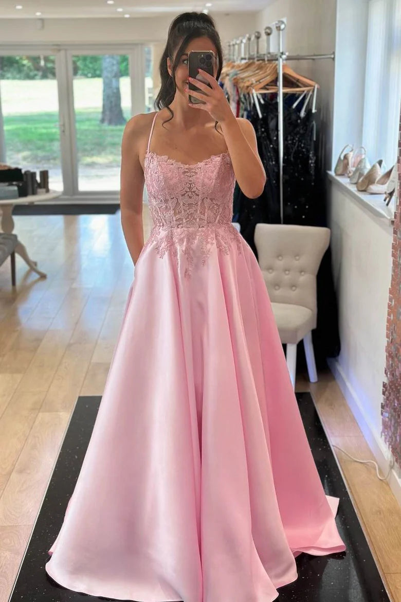 Romantic A-Line Scoop Neck Spaghetti Straps Appliques Empire-Waist Floor-Length Long Prom Dresses