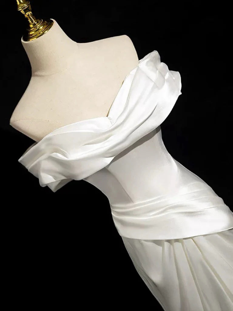 Simple Mermaid Off Shoulder Satin White Long Prom Dress  Mermaid Long Formal Dress