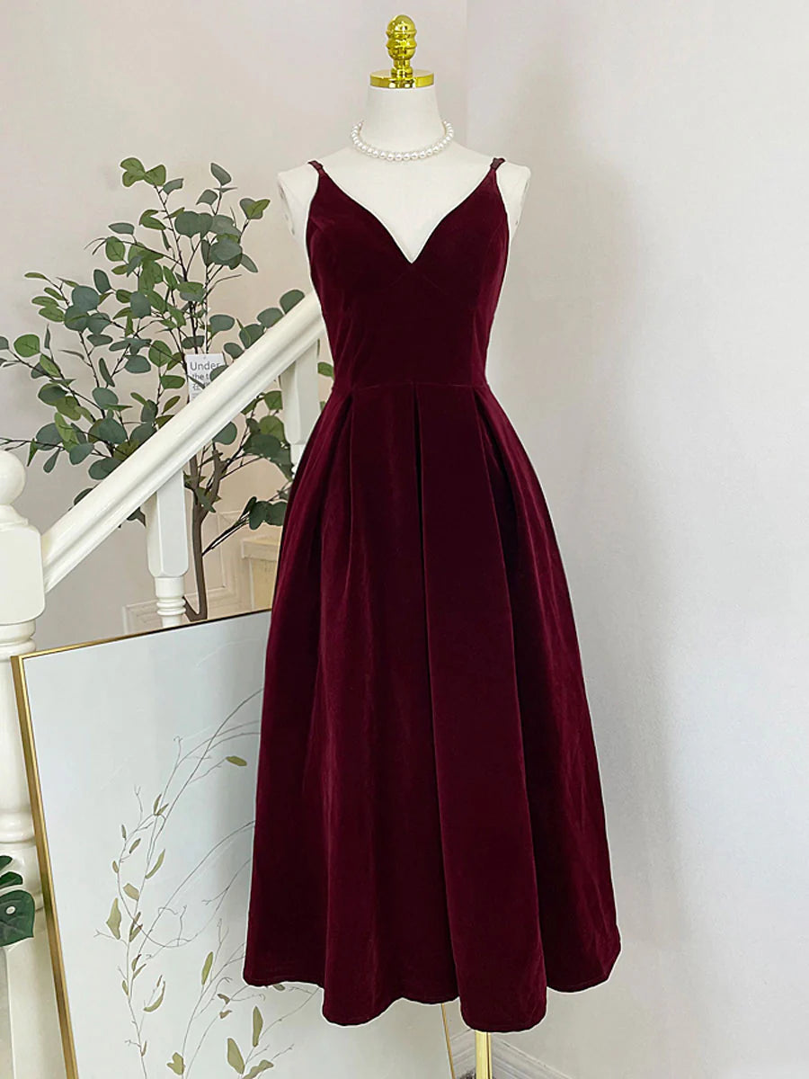 A-Line V Neck Velvet Burgundy Tea Length Prom Dress  Velvet Formal Dress