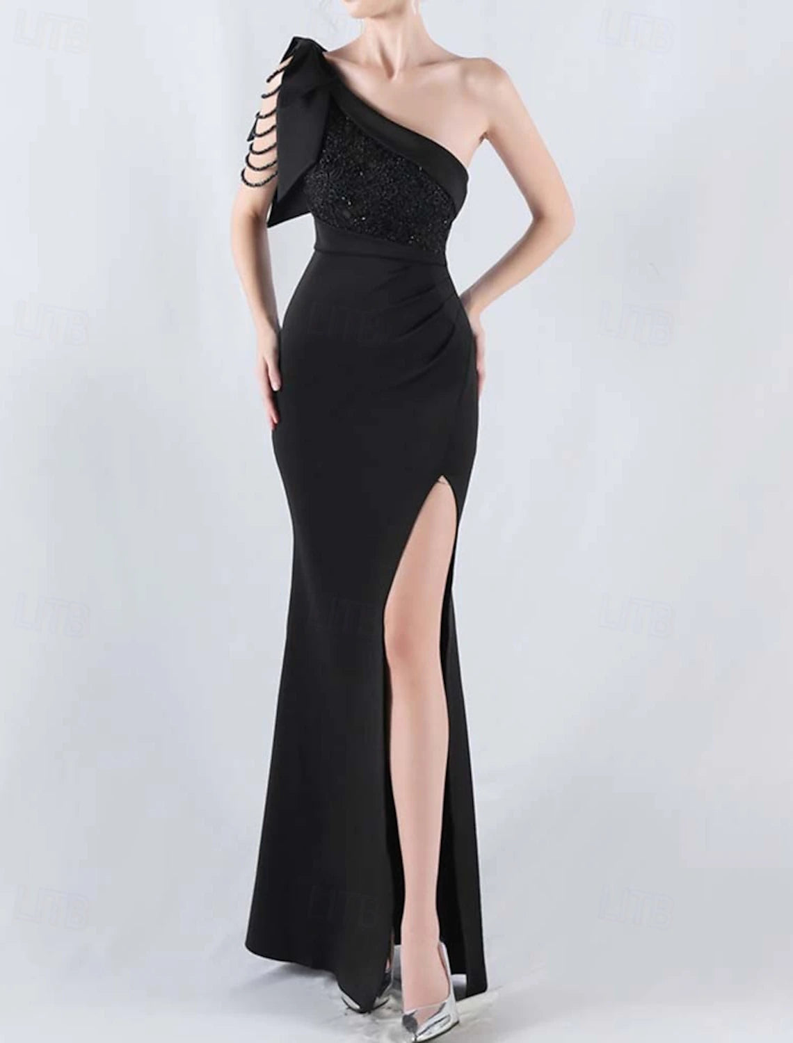 Mermaid Trumpet Evening Gown Elegant Dress Formal Evening Party Floor Length Sleeveless One Shoulder Lace with Bow(s) Beading Slit