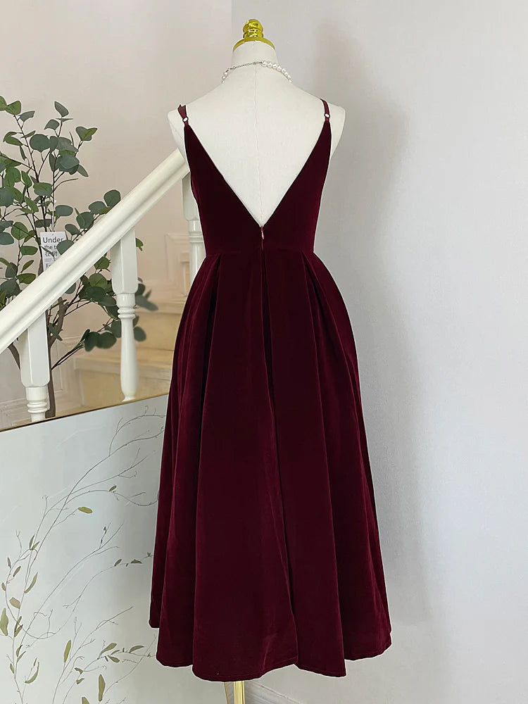 A-Line V Neck Velvet Burgundy Tea Length Prom Dress  Velvet Formal Dress