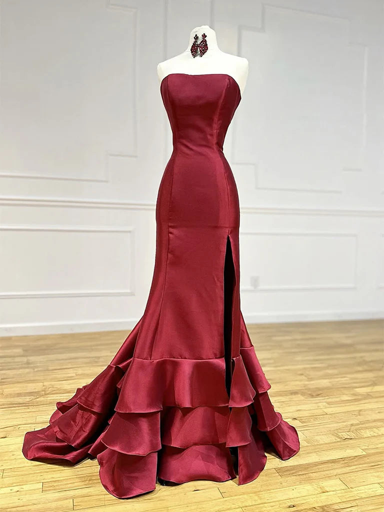 Simple Mermaid Satin Burgundy Long Prom Dress Burgundy Long Evening Dress
